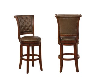 2Pc Beautiful Traditional Upholstered Swivel Bar Stool with Button Tufting Faux Leather Upholstery Padded Back Kitchen Dining Brown Espresso
